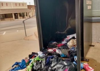Fletcher police said a group of unidentified suspects set fire to a clothing donation box on Cole Avenue Sunday. The box serves as a collection point for donations to Arena Cowboy Church’s clothing closet