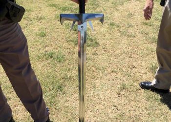 Brandishing this sword, Robert Sturgis Powers is accused of threatening a Hilliary Communications employee and stabbing the front tires of a company bucket truck