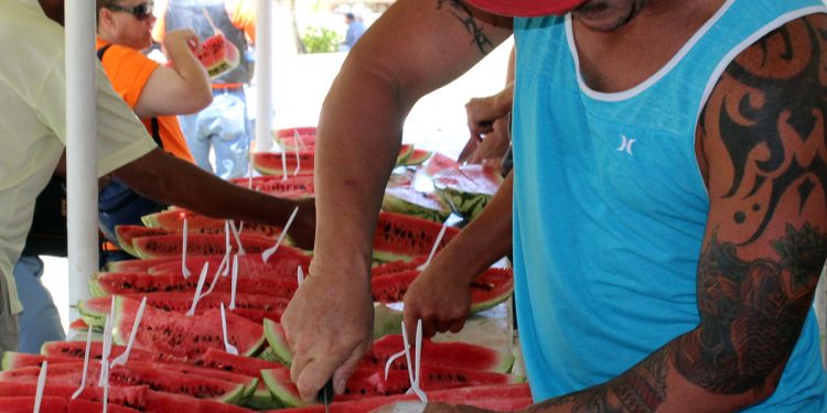 A volunteer cuts through a locally grown watermelon at the 2016 Rush Springs Watermelon Festival. Hundreds of pounds of watermelon are consumed under the awnings at Jeff Davis Park. HMG file photo