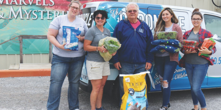 In addition to the produce, Hilliary Communications donated an extra $2,000. The monetary donation is expected to cover animal food costs at the aquarium for one month. On Monday, April 6, Medicine Park Aquarium & Natural Sciences Center staff, Nicole Rowe, Rainette Rowland, Doug Kemper, Nicole Hill and Jacey Smith scooped up armfuls of donated produce and feed, ready to deliver it to the variety of animal species housed at the aquarium