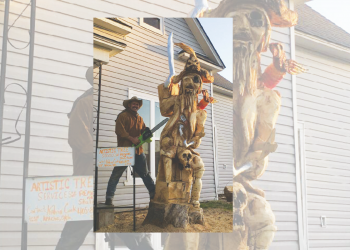 Kalvin Cook is shown recently on Idaho Ave. in Cyril with his chainsaw tree sculpture. He is a trick roper, but COVID-19 has put most entertainment venues on hold. The Cyril pirate is Kal's tenth commissioned chainsaw sculpture to date