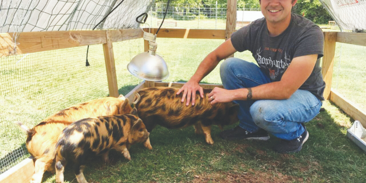 "Hoggy Parton" soaks up a bit of attention as Ray Pierce, owner of Pierce pastured-raised farm. Farms, squats down to pet the newest addition to his growing pastured-raised farm